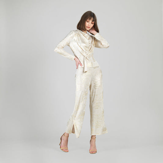 Foil Sheen - Side Slit Ankle Pant - Champagne - Limited Sizes | Clara Sunwoo