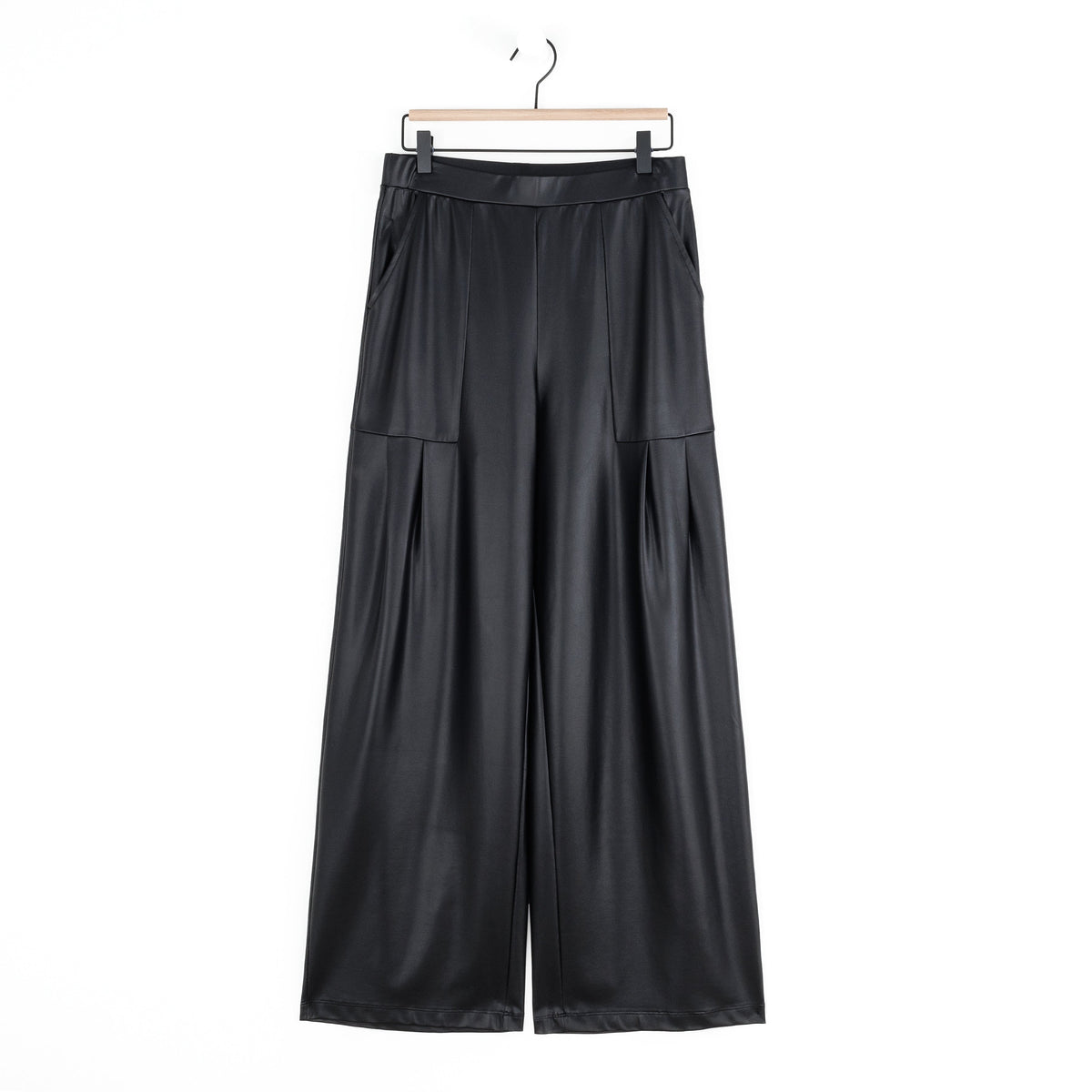Liquid Leather™ - Sheen Pleated Wide Leg Pocket Pant - Black | Clara Sunwoo