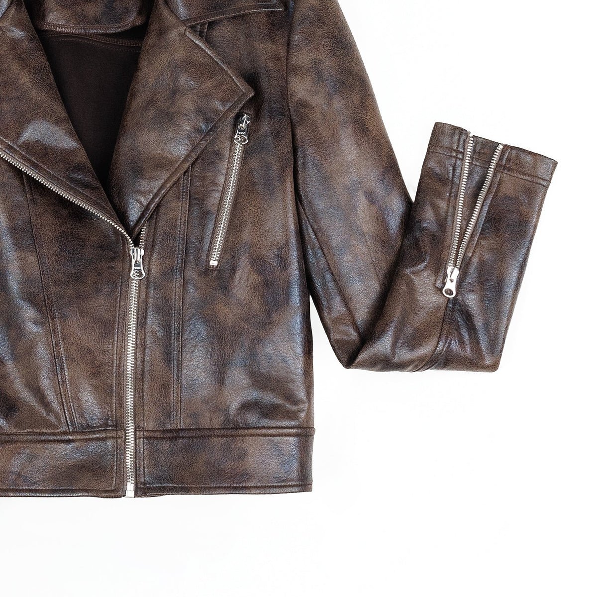 Vegan Leather - Distressed Zip Cuff Moto Waist Jacket - Brown - Final Sale | Clara Sunwoo