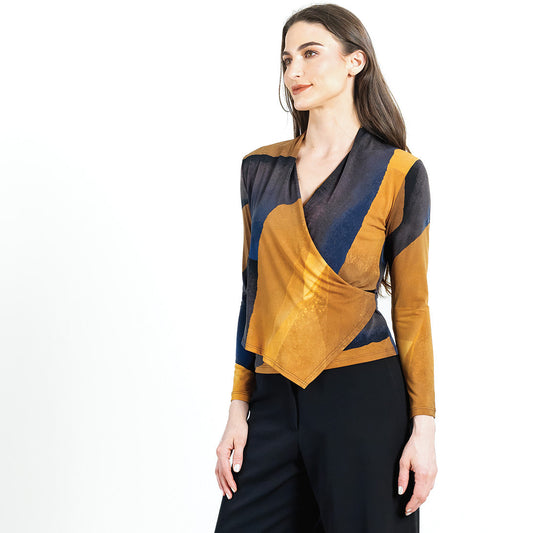 Long Sleeve Crossover Faux Wrap Top - Tan Watercolor - Final Sale! | Clara Sunwoo