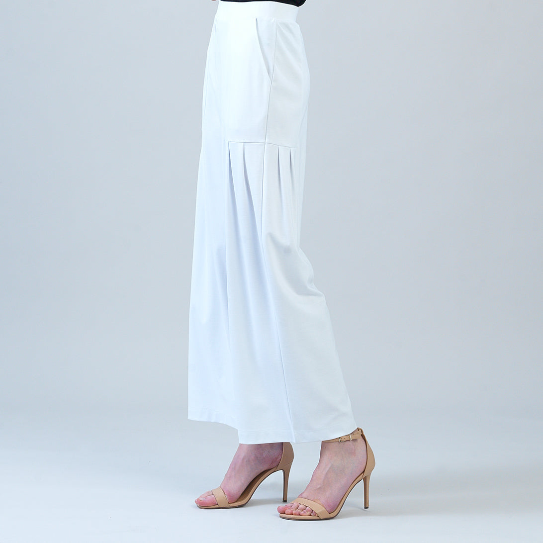 Rayon-Ponte Knit - Pleated Wide Leg Pocket Pant - White | Clara Sunwoo