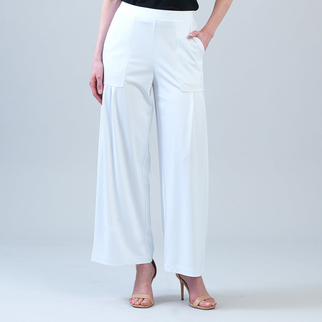 Rayon-Ponte Knit - Pleated Wide Leg Pocket Pant - White | Clara Sunwoo