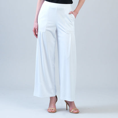 Rayon-Ponte Knit - Pleated Wide Leg Pocket Pant - White | Clara Sunwoo