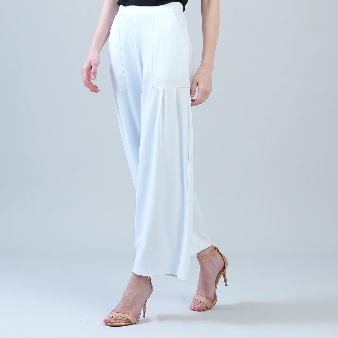 Rayon-Ponte Knit - Pleated Wide Leg Pocket Pant - White | Clara Sunwoo