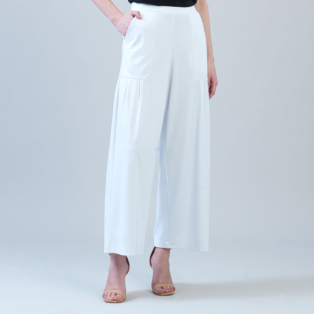 Rayon-Ponte Knit - Pleated Wide Leg Pocket Pant - White | Clara Sunwoo