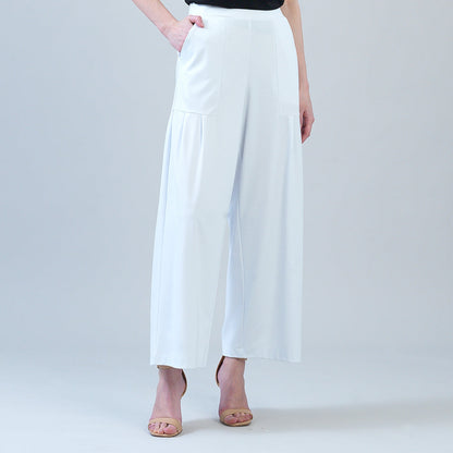 Rayon-Ponte Knit - Pleated Wide Leg Pocket Pant - White | Clara Sunwoo