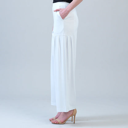 Rayon-Ponte Knit - Pleated Wide Leg Pocket Pant - White | Clara Sunwoo