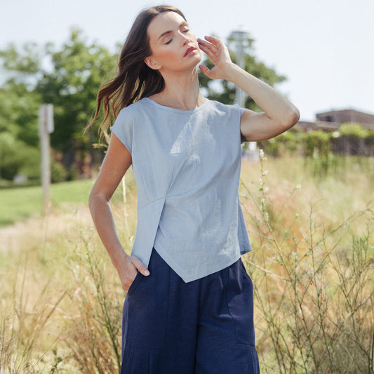Soft Cotton - Cap Sleeve Stitch Overlay Top - Powder Blue | Clara Sunwoo