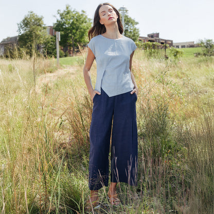 Soft Cotton - Pleated Wide Leg Ankle Pant - Navy - Final Sale | Clara Sunwoo