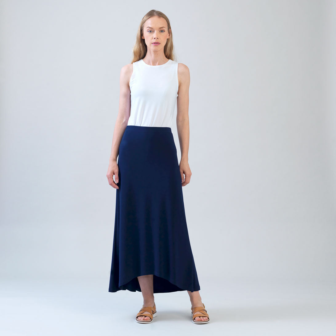 Cascade Drape Hi-Low Maxi Skirt - Navy | Clara Sunwoo