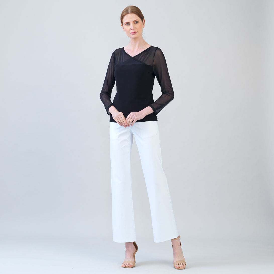 Mesh Insert Surplice Neck Top - Black | Clara Sunwoo