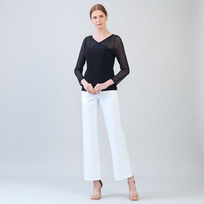 Mesh Insert Surplice Neck Top - Black | Clara Sunwoo