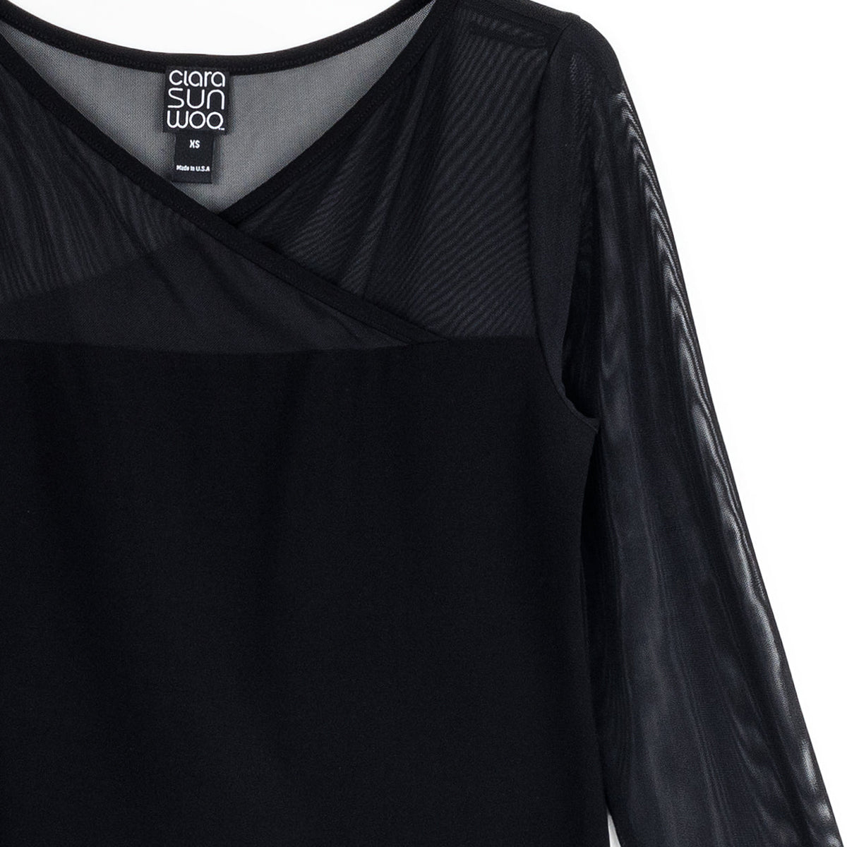 Mesh Insert Surplice Neck Top - Black | Clara Sunwoo