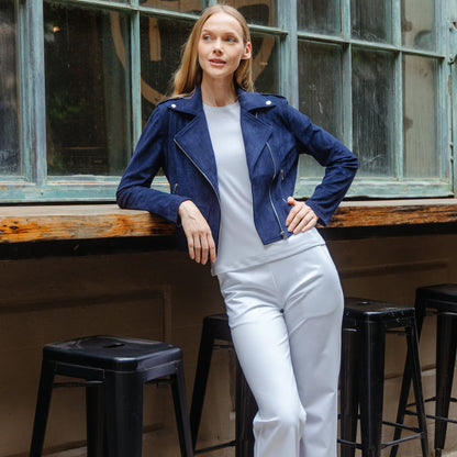 Soft Suede - Architectural Moto Jacket - Navy | Clara Sunwoo