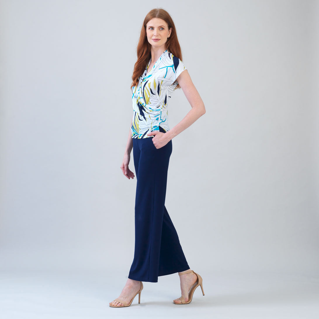 Cap Sleeve Surplice Crossover Top - Floral Leaves-White - Final Sale | Clara Sunwoo