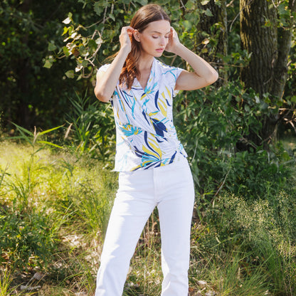 Cap Sleeve Surplice Crossover Top - Floral Leaves-White - Final Sale | Clara Sunwoo