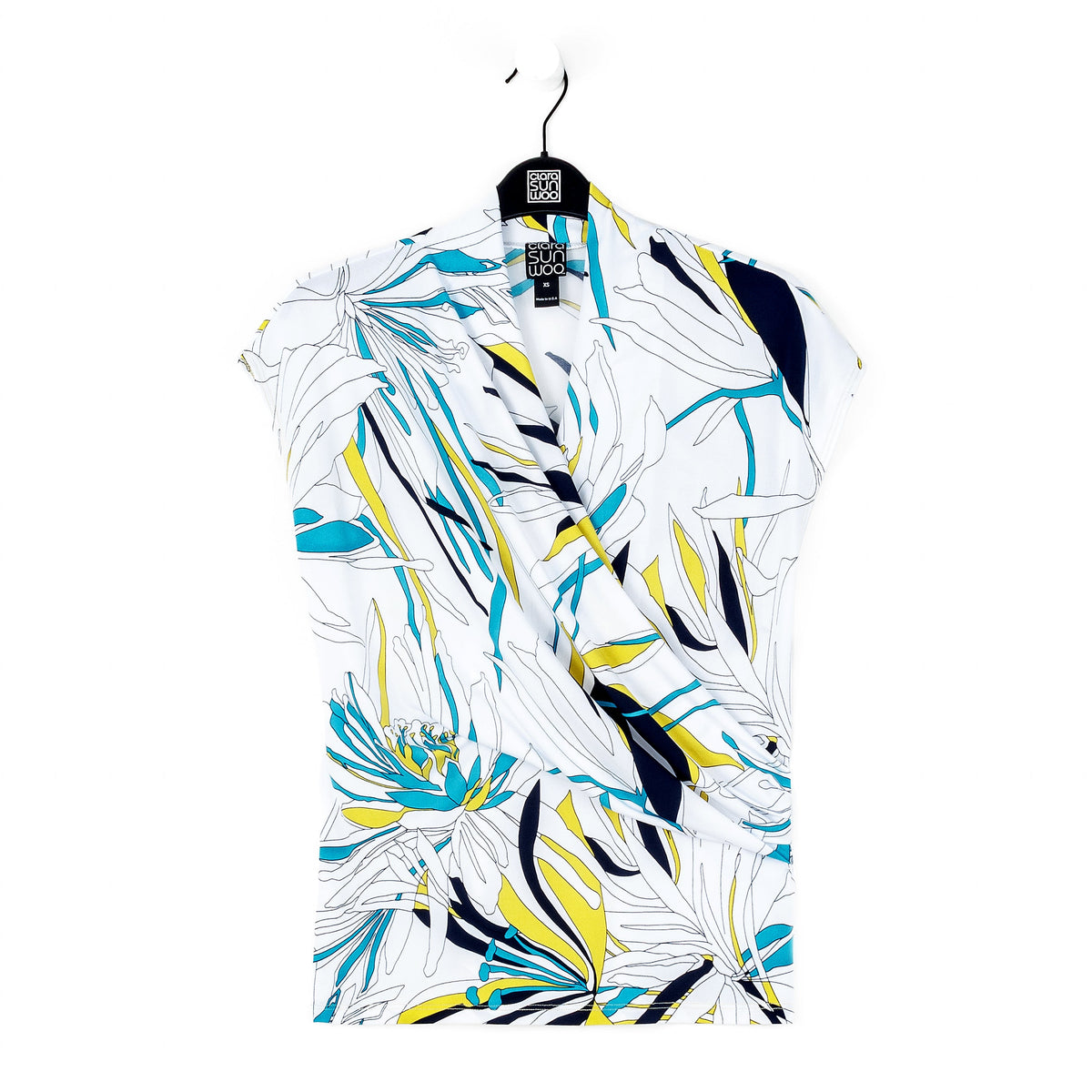 Cap Sleeve Surplice Crossover Top - Floral Leaves-White - Final Sale | Clara Sunwoo