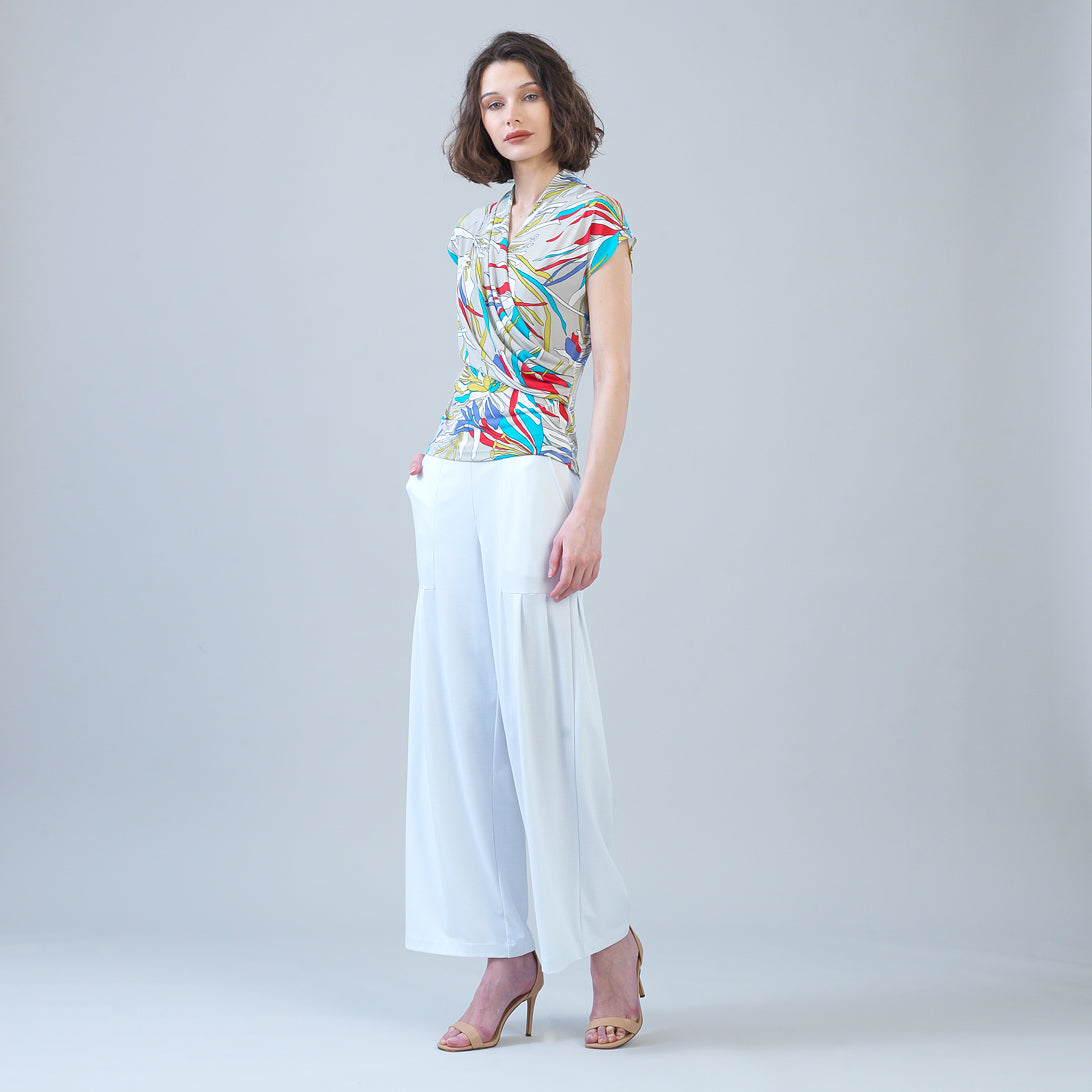 Cap Sleeve Surplice Crossover Top - Floral Leaves-Beige - Final Sale | Clara Sunwoo