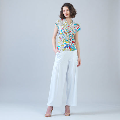 Cap Sleeve Surplice Crossover Top - Floral Leaves-Beige - Final Sale | Clara Sunwoo