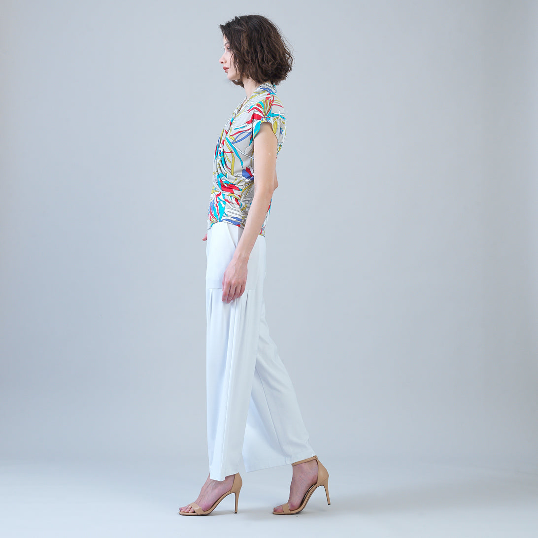 Cap Sleeve Surplice Crossover Top - Floral Leaves-Beige - Final Sale | Clara Sunwoo