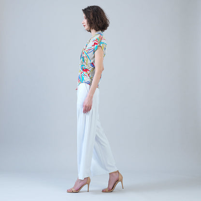 Cap Sleeve Surplice Crossover Top - Floral Leaves-Beige - Final Sale | Clara Sunwoo