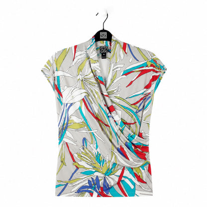 Cap Sleeve Surplice Crossover Top - Floral Leaves-Beige - Final Sale | Clara Sunwoo