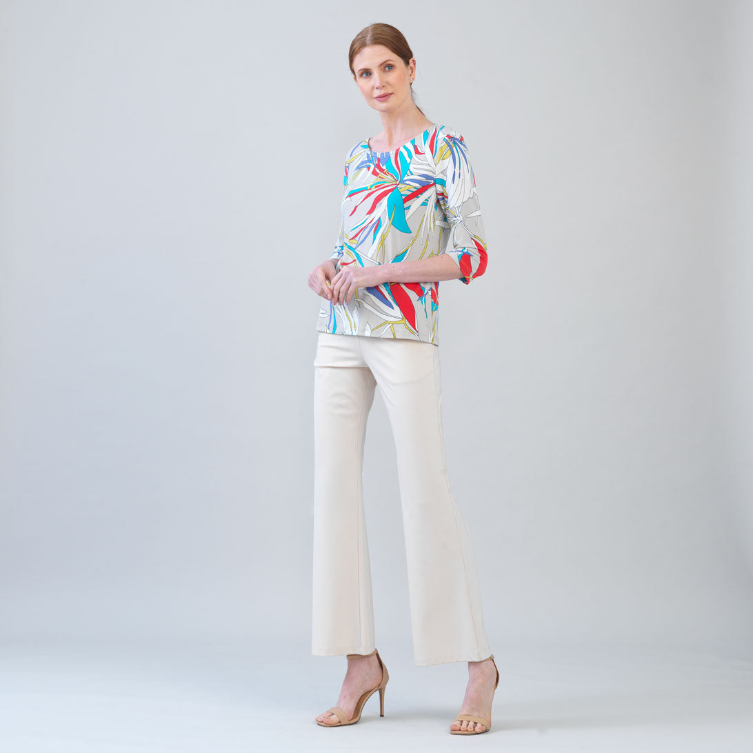Scoop Neck Half Sleeve Top - Floral Leaves-Beige - Final Sale | Clara Sunwoo