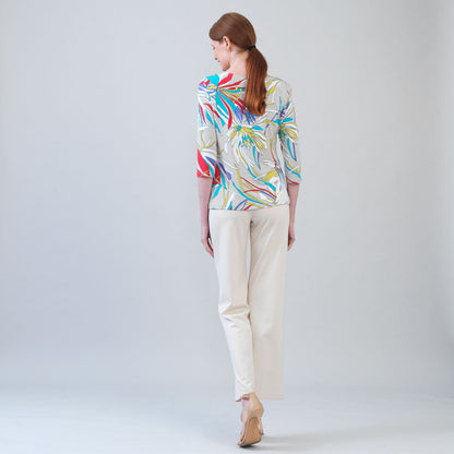 Scoop Neck Half Sleeve Top - Floral Leaves-Beige - Final Sale | Clara Sunwoo