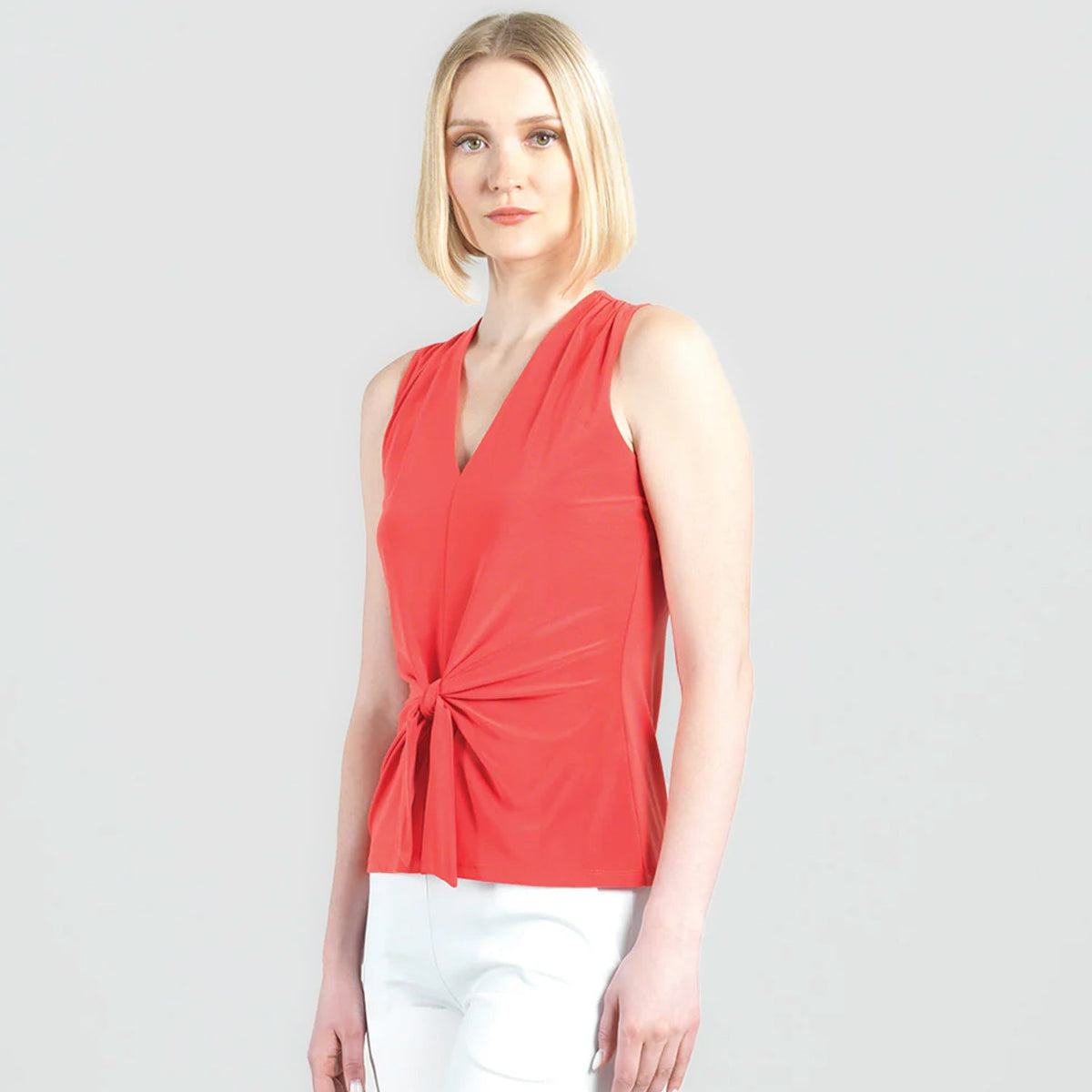 Sleeveless V-Neck Center Front Tie Top - Coral - Limited Sizes | Clara Sunwoo