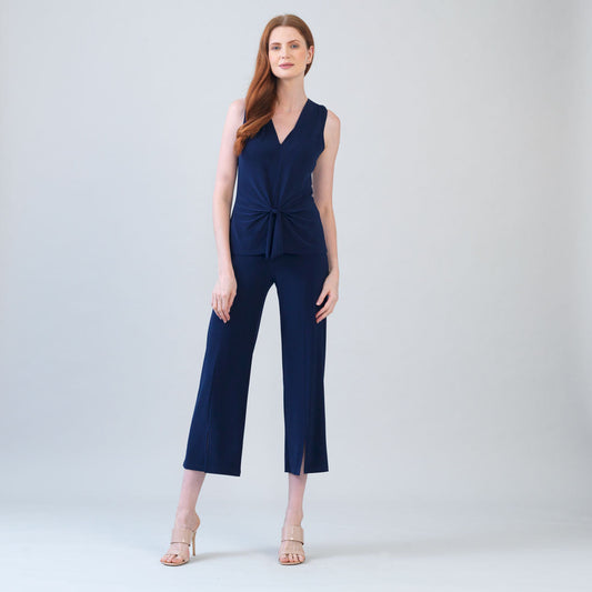 Sleeveless V-Neck Center Front Tie Top - Navy | Clara Sunwoo