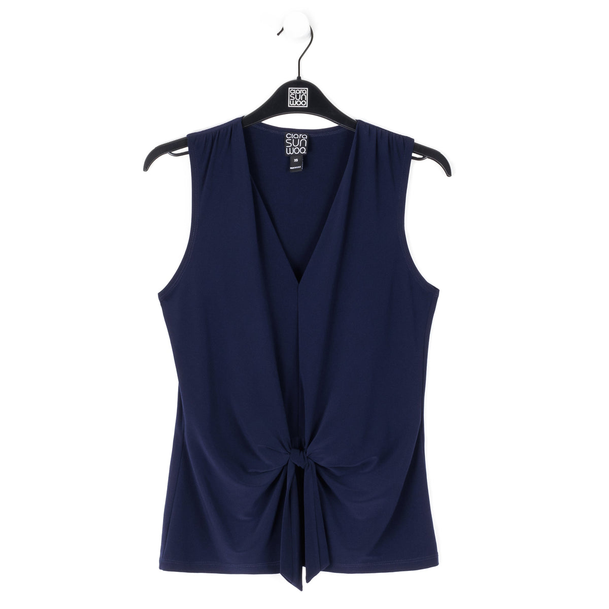 Sleeveless V-Neck Center Front Tie Top - Navy | Clara Sunwoo
