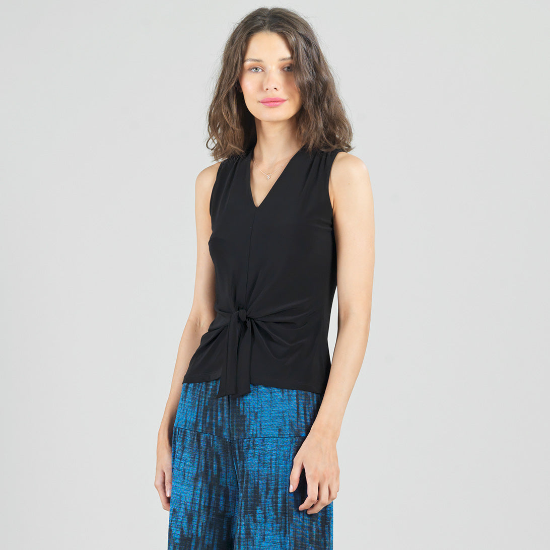 Sleeveless V-Neck Center Front Tie Top - Black | Clara Sunwoo