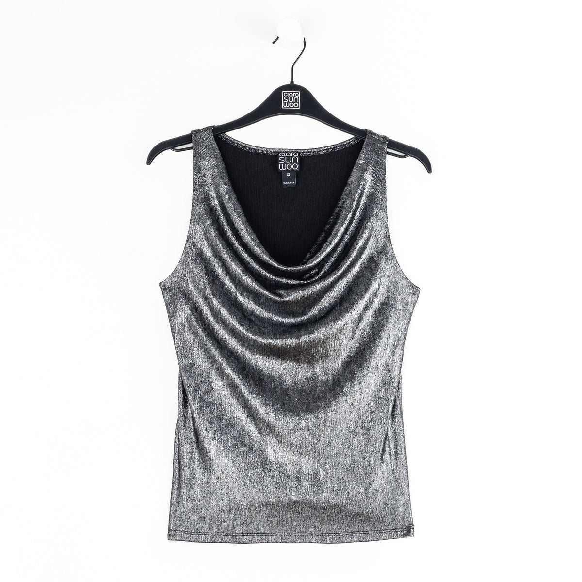 Metallic Shimmer - Cowl Neck Draped Tank - Gunmetal - Final Sale | Clara Sunwoo