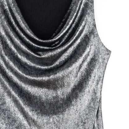 Metallic Shimmer - Cowl Neck Draped Tank - Gunmetal - Final Sale | Clara Sunwoo