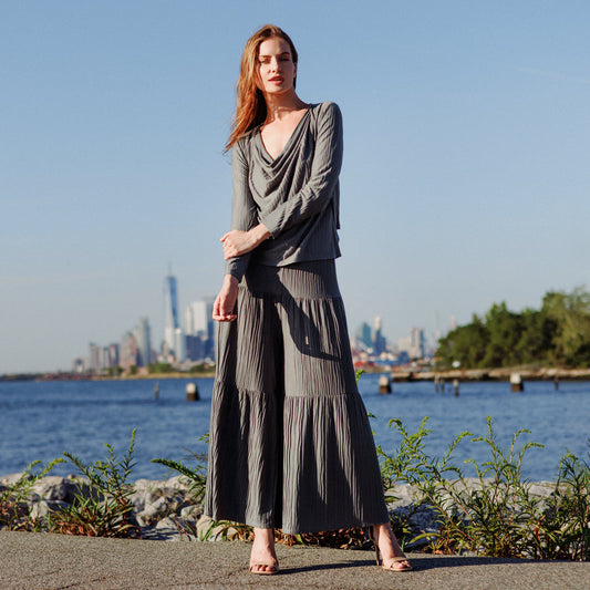 Soft Pleat Knit - 2pc Cardigan & Cowl Tank Twinset - Olive - Final Sale | Clara Sunwoo