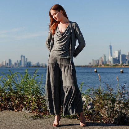 Soft Pleat Knit - 2pc Cardigan & Cowl Tank Twinset - Olive - Final Sale | Clara Sunwoo