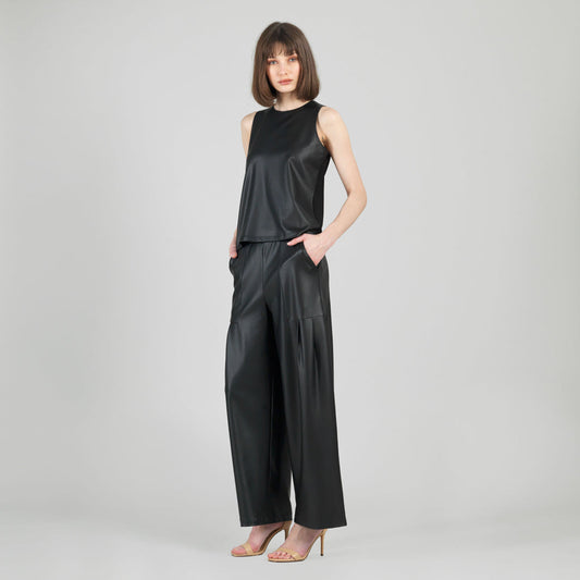 Liquid Leather™ Sheen Two-Tone Jewel Neck Tank - Black | Clara Sunwoo
