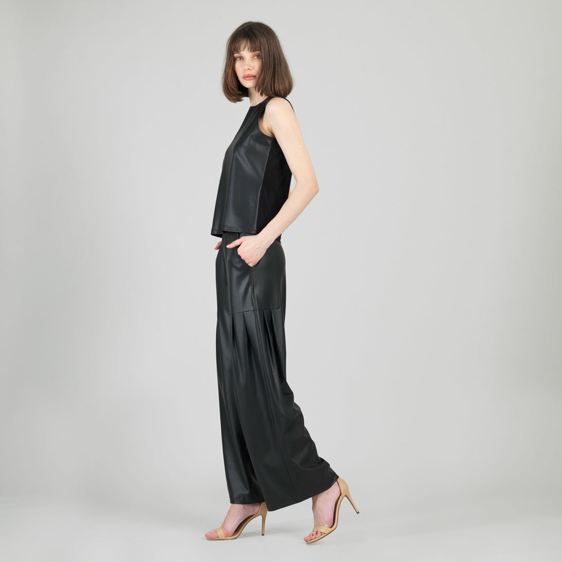 Liquid Leather™ Sheen Two-Tone Jewel Neck Tank - Black | Clara Sunwoo