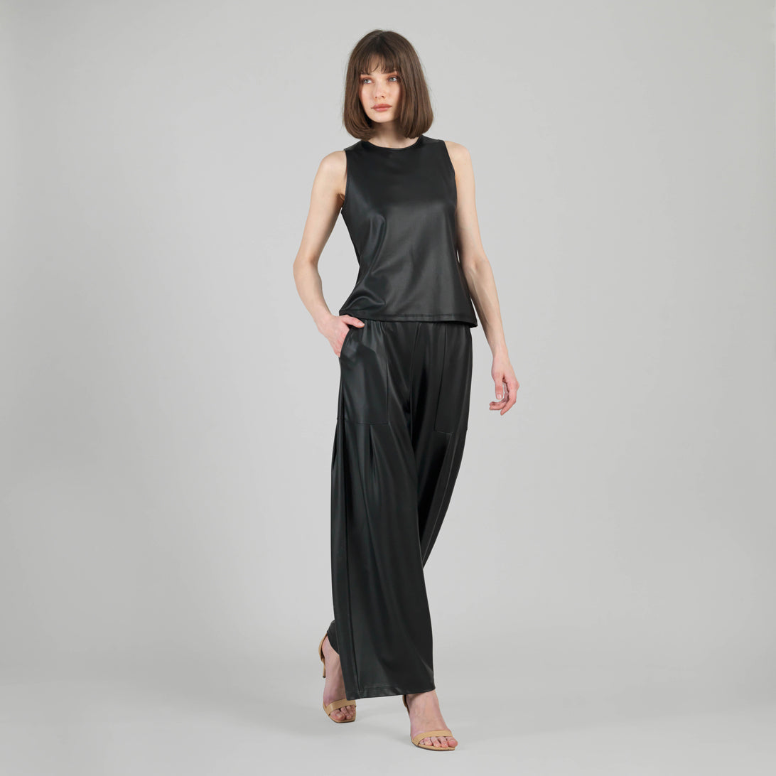 Liquid Leather™ Sheen Two-Tone Jewel Neck Tank - Black | Clara Sunwoo