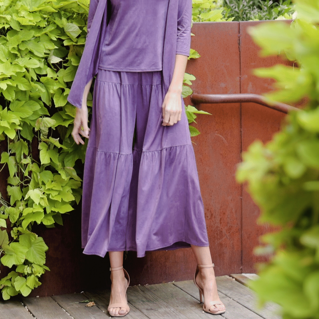 Crushed Silk Knit - Cardigan, Tank, Skirt-Pant 3pc Set - Plum - Final Sale! | Clara Sunwoo