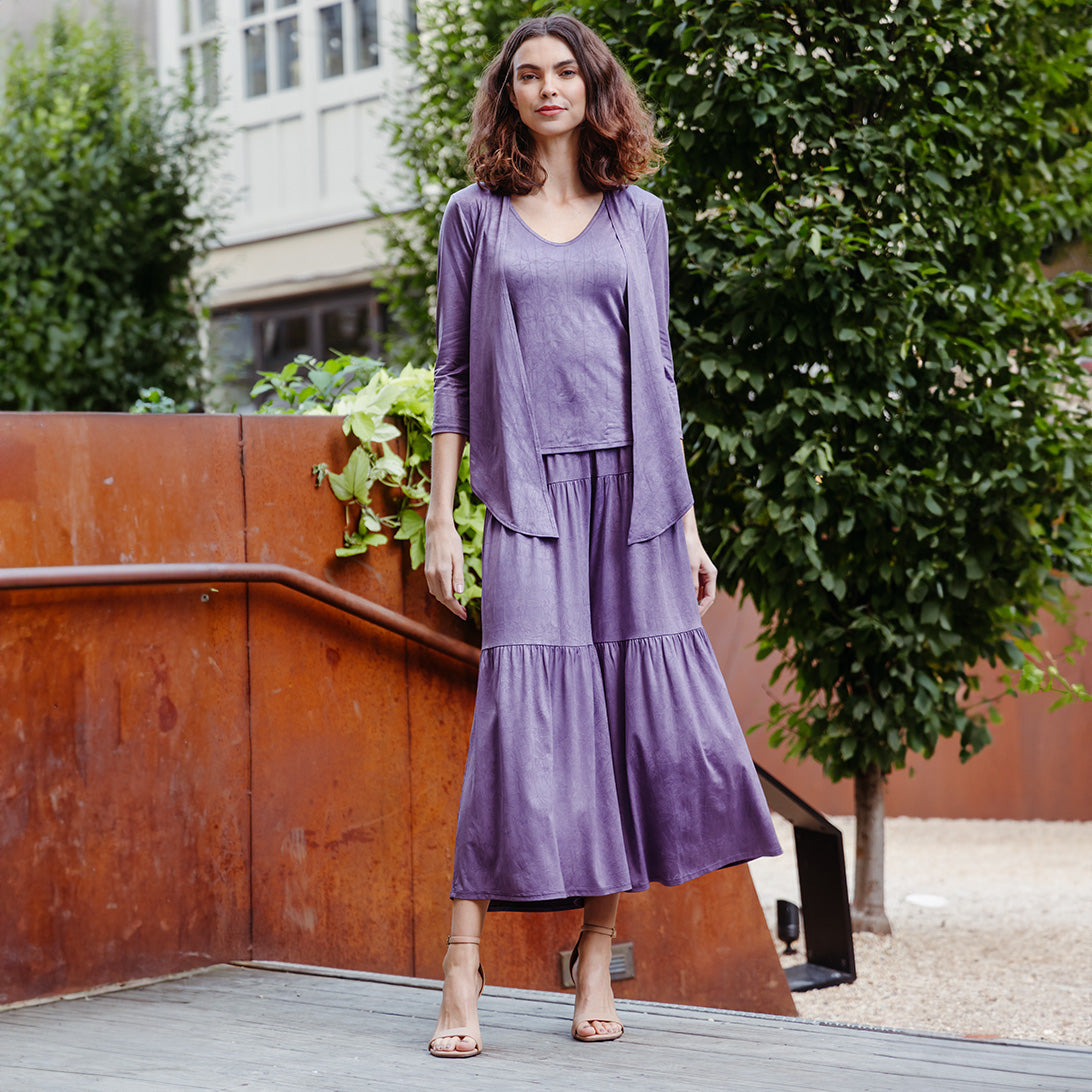 Crushed Silk Knit - Cardigan, Tank, Skirt-Pant 3pc Set - Plum - Final Sale! | Clara Sunwoo