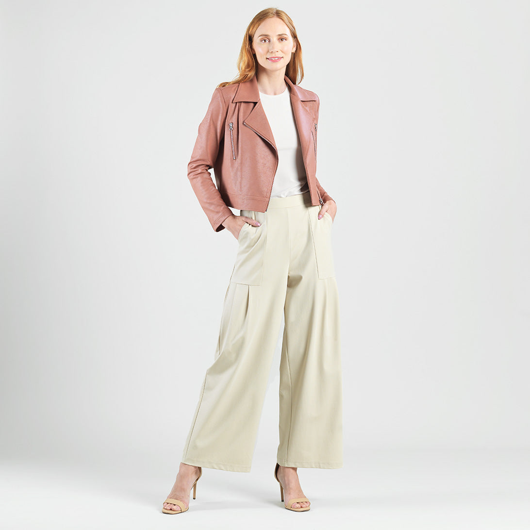 Rayon-Ponte Knit - Pleated Wide Leg Pocket Pant - Khaki | Clara Sunwoo