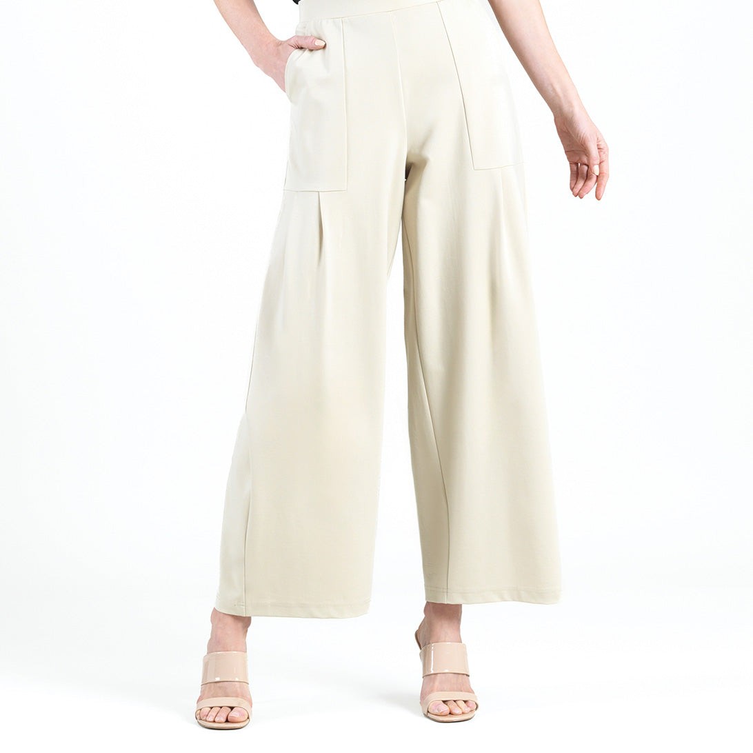 Rayon-Ponte Knit - Pleated Wide Leg Pocket Pant - Khaki | Clara Sunwoo