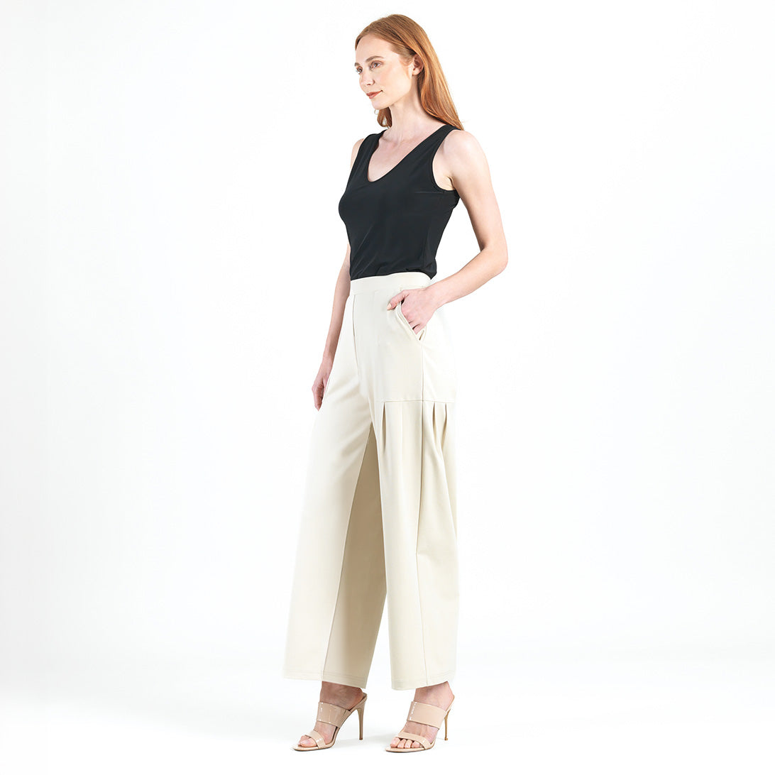 Rayon-Ponte Knit - Pleated Wide Leg Pocket Pant - Khaki | Clara Sunwoo