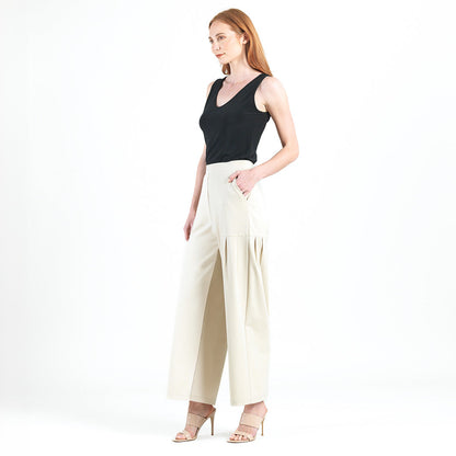 Rayon-Ponte Knit - Pleated Wide Leg Pocket Pant - Khaki | Clara Sunwoo