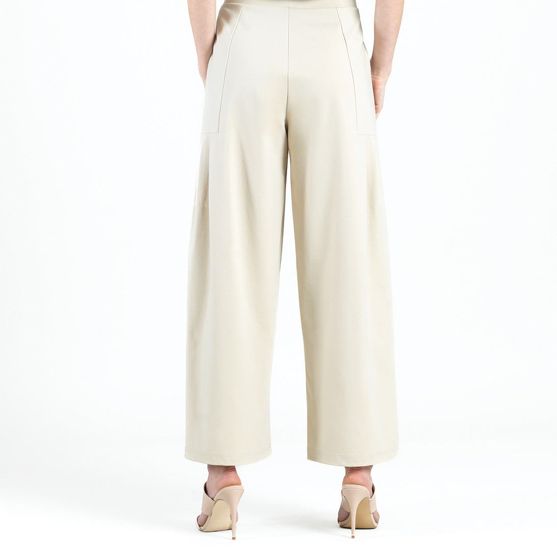 Rayon-Ponte Knit - Pleated Wide Leg Pocket Pant - Khaki | Clara Sunwoo