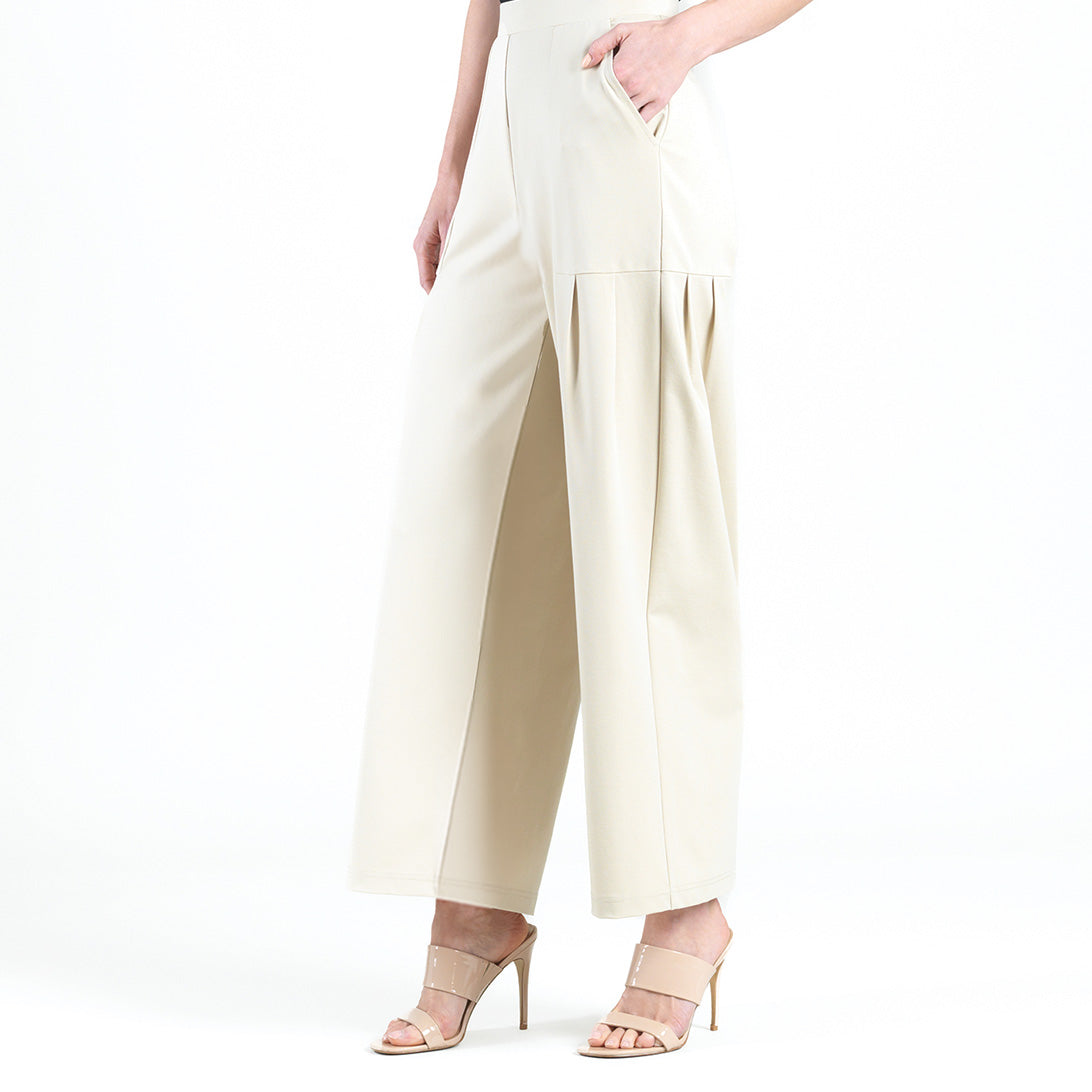 Rayon-Ponte Knit - Pleated Wide Leg Pocket Pant - Khaki | Clara Sunwoo
