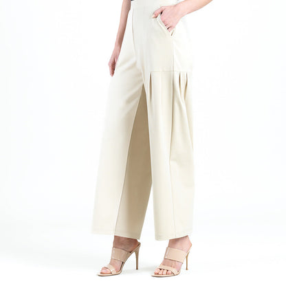 Rayon-Ponte Knit - Pleated Wide Leg Pocket Pant - Khaki | Clara Sunwoo