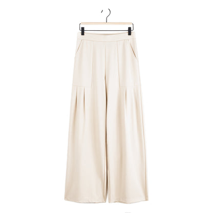Rayon-Ponte Knit - Pleated Wide Leg Pocket Pant - Khaki | Clara Sunwoo