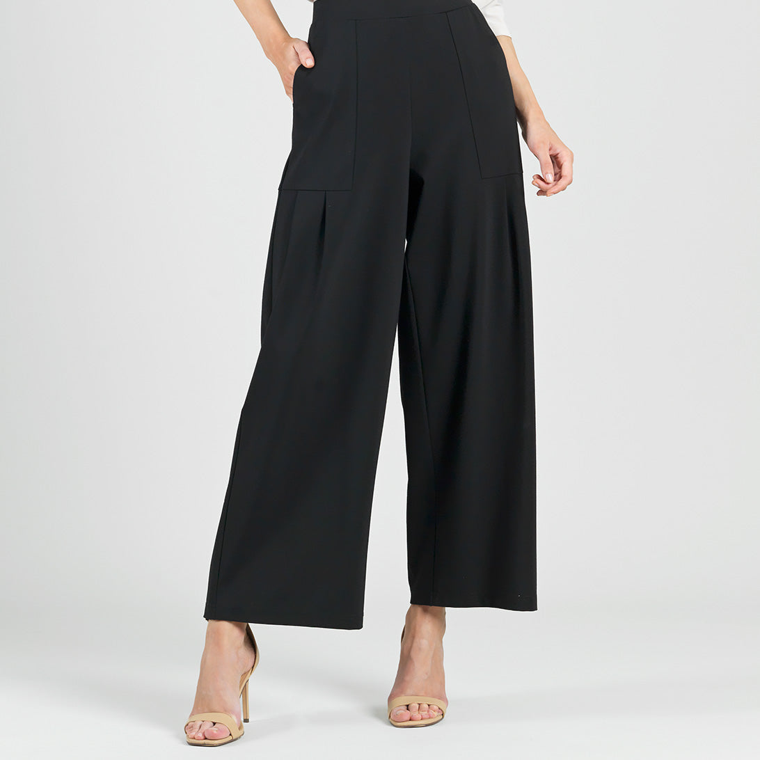 Rayon-Ponte Knit - Pleated Wide Leg Pocket Pant - Black | Clara Sunwoo